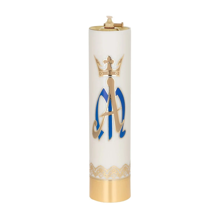 Świeca olejowa ecru z emblematem maryjnym 31 × 7,5 cm - widok produktu
