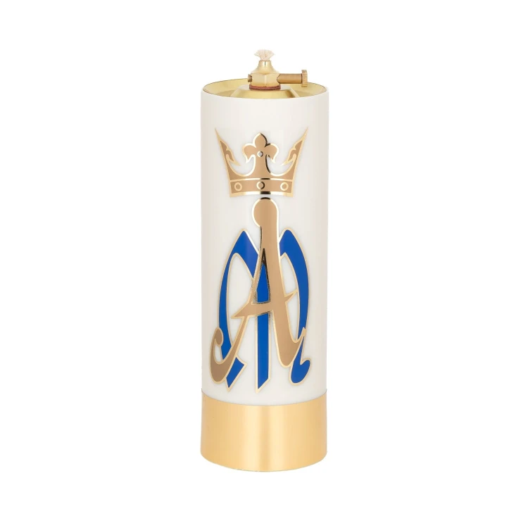 Świeca olejowa ecru z emblematem maryjnym 22 × 7,5 cm - widok produktu