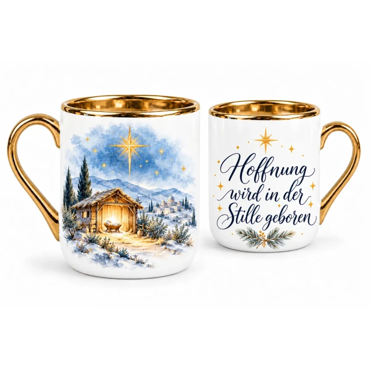 Nativity stable mug - Hope is born in silence - German