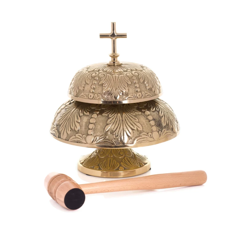 Zdobiony gong mszalny mosiężny, podwójny