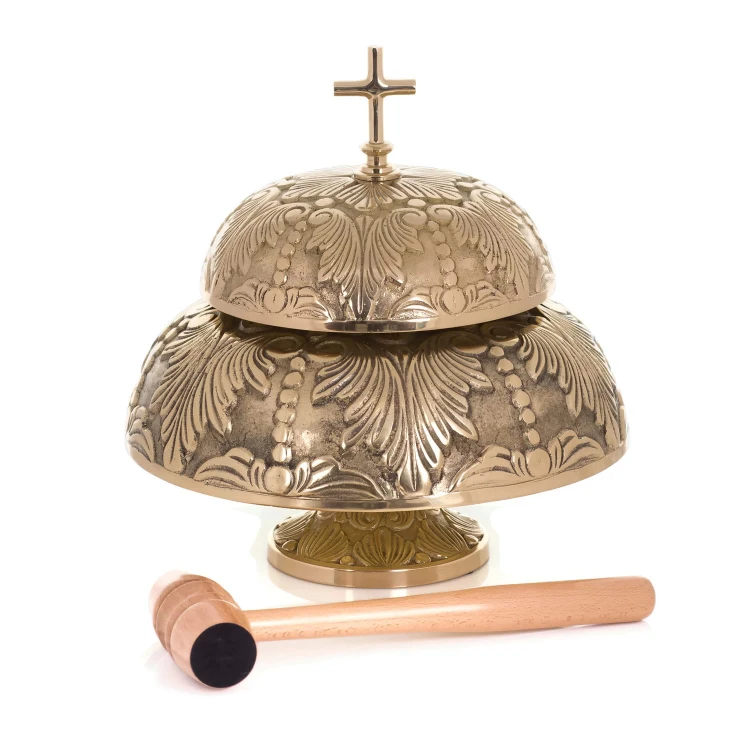 Zdobiony gong mszalny mosiężny, podwójny