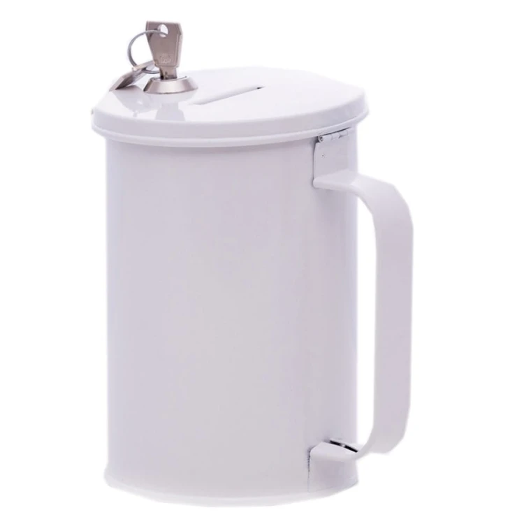 Metal donation can with key, white