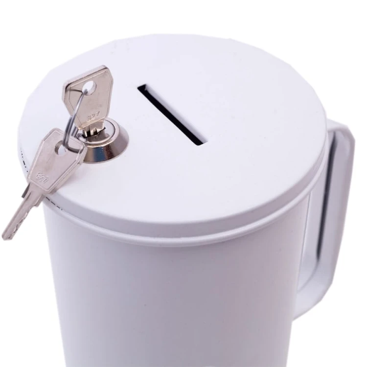 Metal donation can with key, white