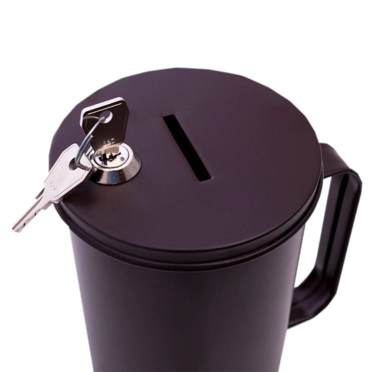 Metal donation can with key, brown