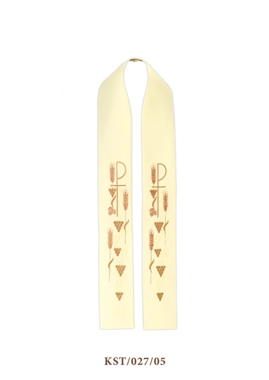 Stuła haftowana z symbolem Krzyża i winogron.