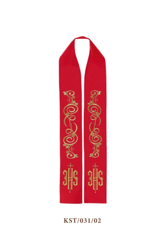 Stuła bogato haftowana z symbolem IHS.
