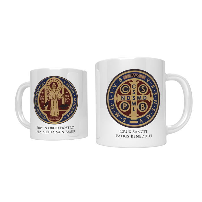 Christian mug with St. Benedict medal