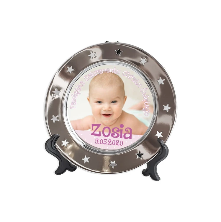Talerz metalowy Pamiątka Chrztu Świętego dziewczynka, 15cm