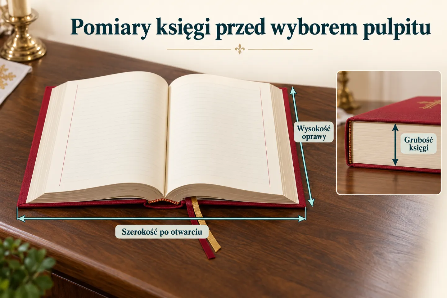Schemat pomiarów księgi przed doborem pulpitu: szerokość po otwarciu, wysokość oprawy i grubość.