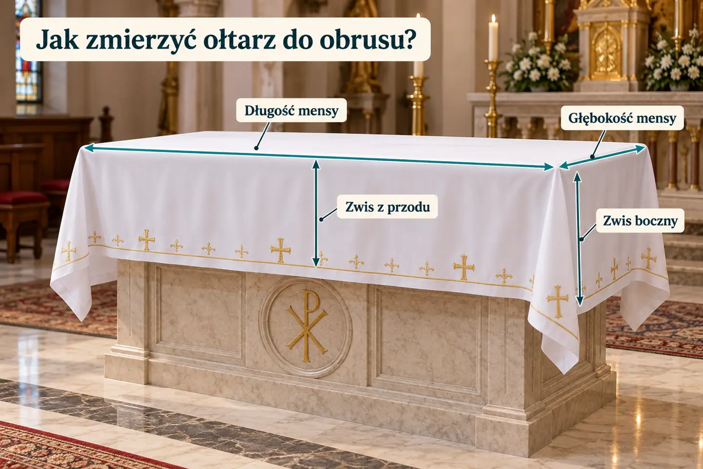 Schemat pomiaru mensy oraz planowanych zwisów obrusu. Zwis z tyłu ustal osobno.