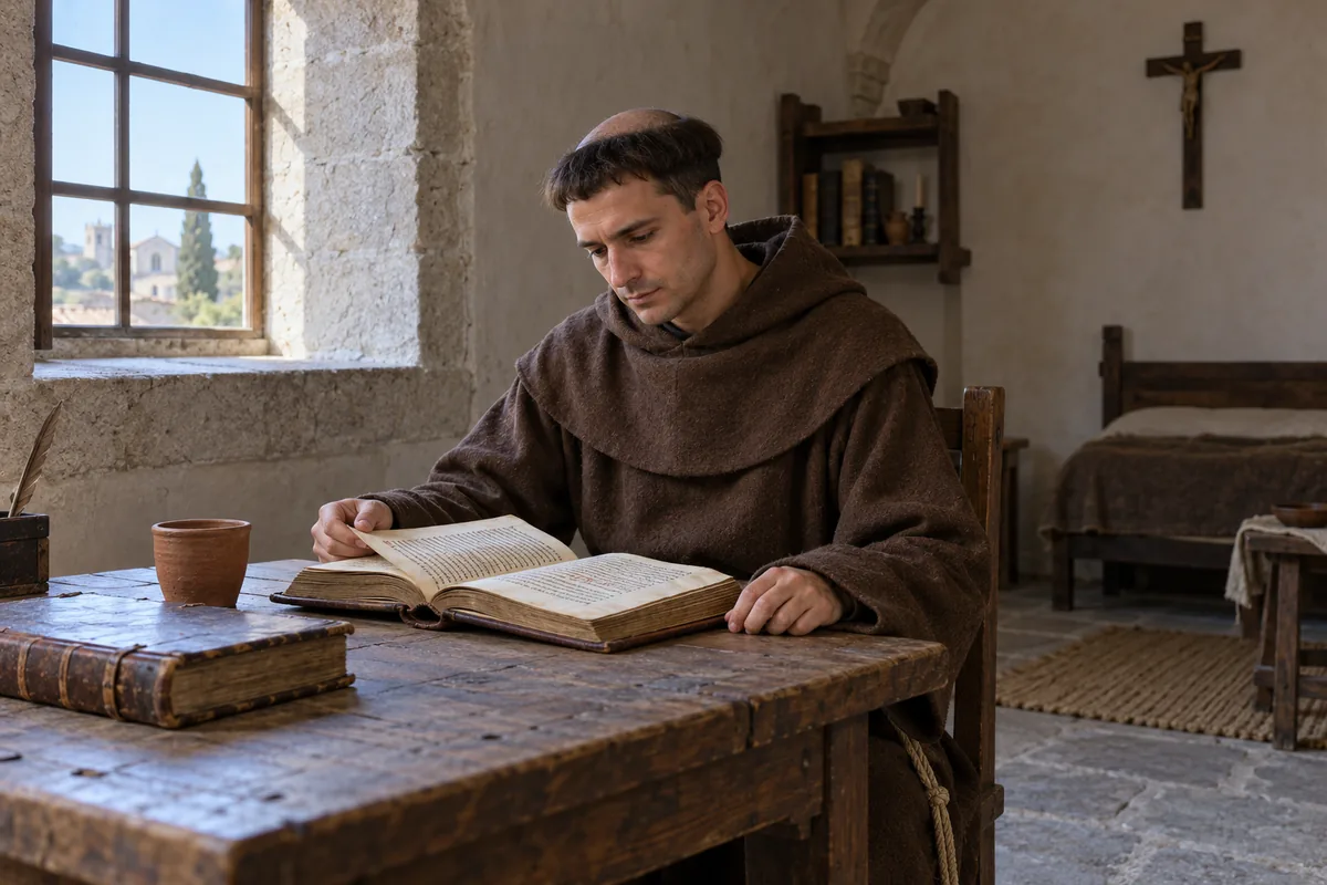 Ilustracja Antoniego studiującego księgę we franciszkańskim wnętrzu