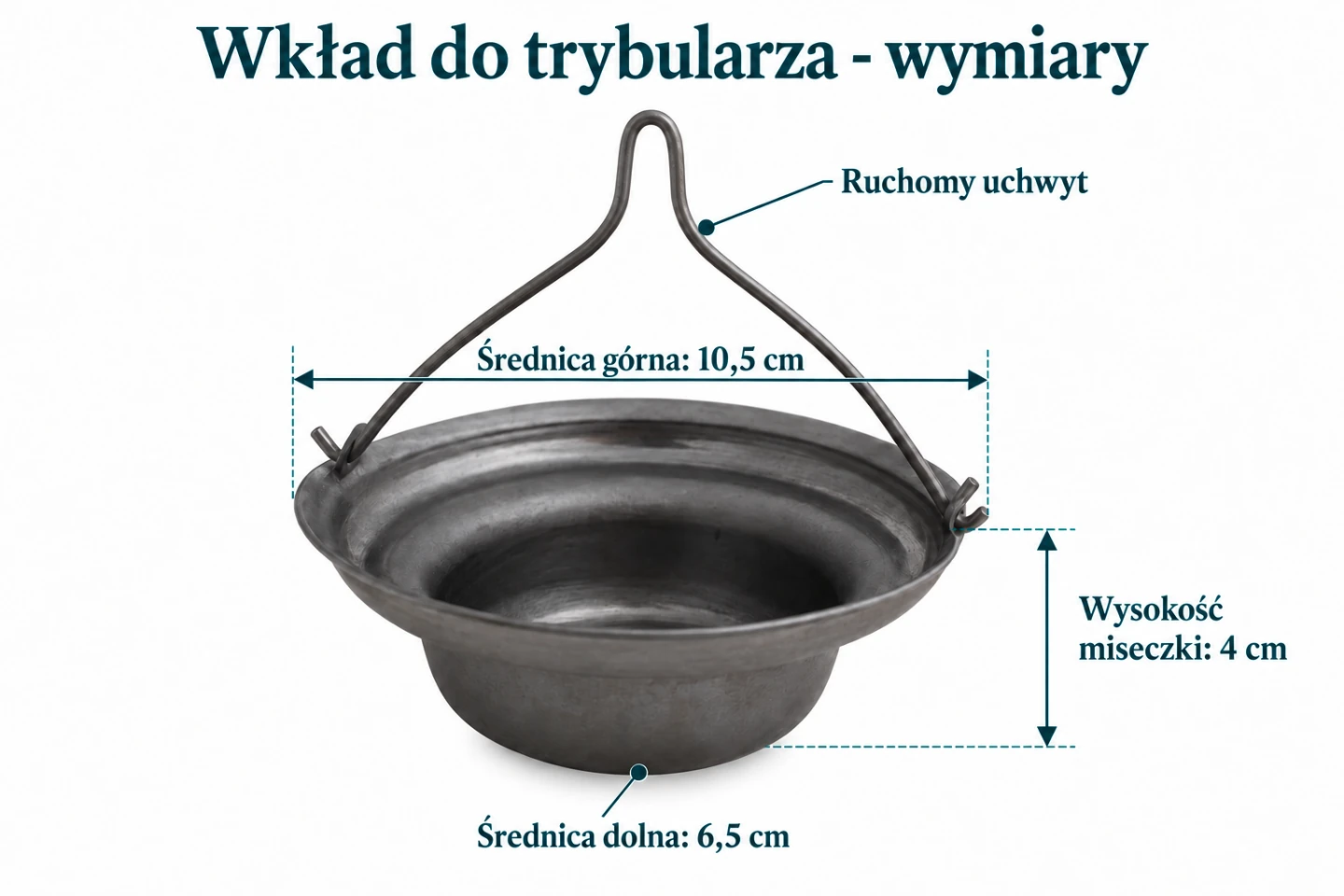 Ciemny wkład do trybularza z oznaczeniami: wysokość 4 cm, średnica górna 10,5 cm, dolna 6,5 cm
