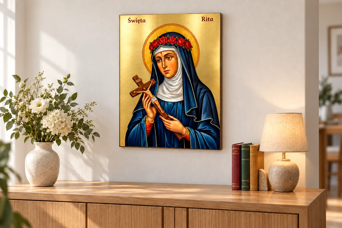 Ilustracyjna aranżacja ikony świętej Rity na ścianie nad komodą z kwiatami, lampką i książkami