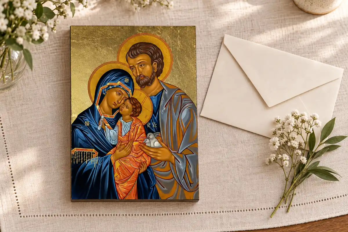 Ikona Świętej Rodziny obok koperty i białych kwiatów - aranżacja prezentu ślubnego
