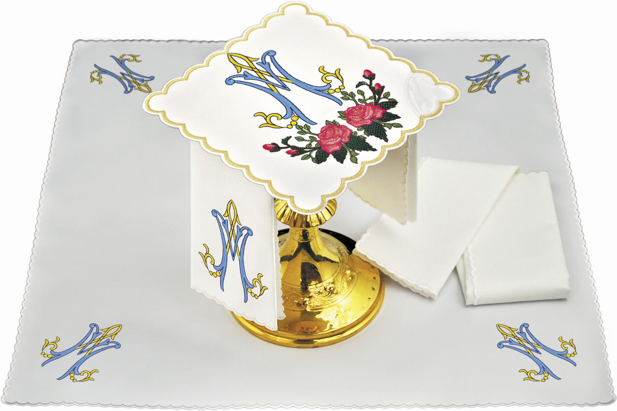 Komplet haftowanej bielizny kielichowej symbole Maryjny i róże