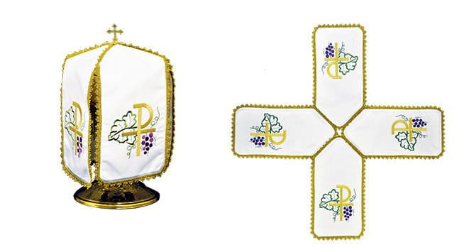 Biały welon na puszkę 24 cm z haftowanymi symbolami – na naczyniu i po rozłożeniu