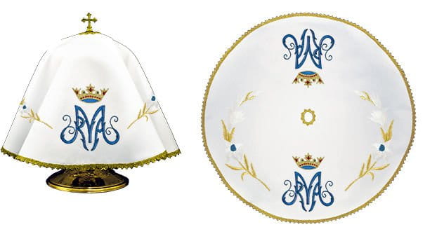 Maryjny welon na puszkę biały okrągły 53 cm – na puszce i widok całego welonu