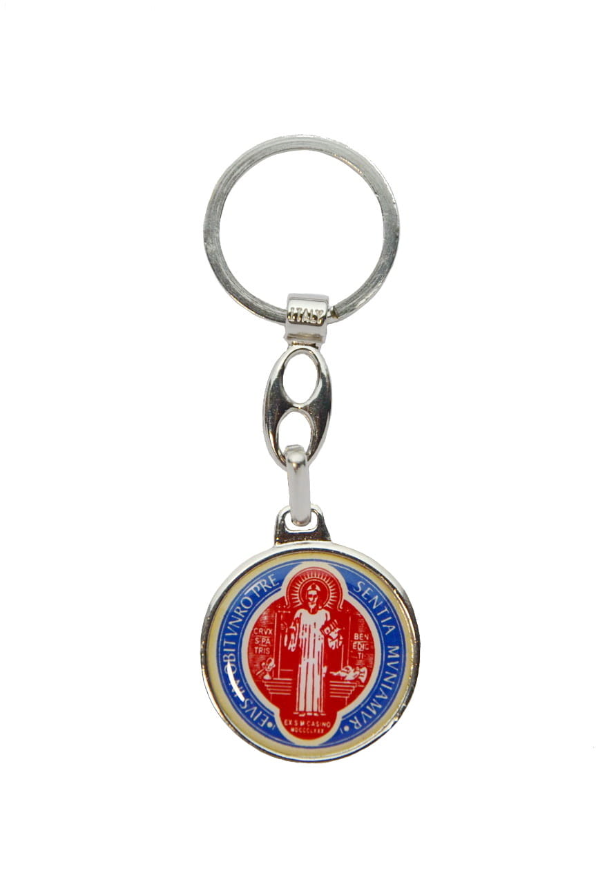 Metal keyring with Saint Benedict.
