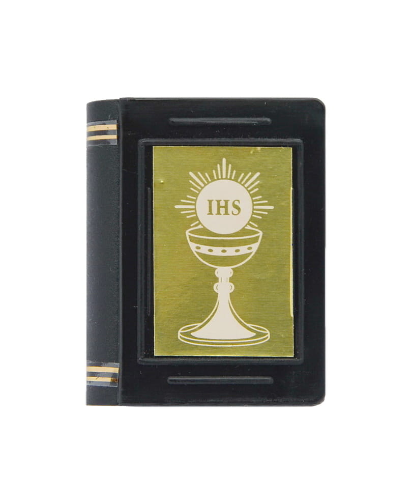 Black rosary box, book with the Host.