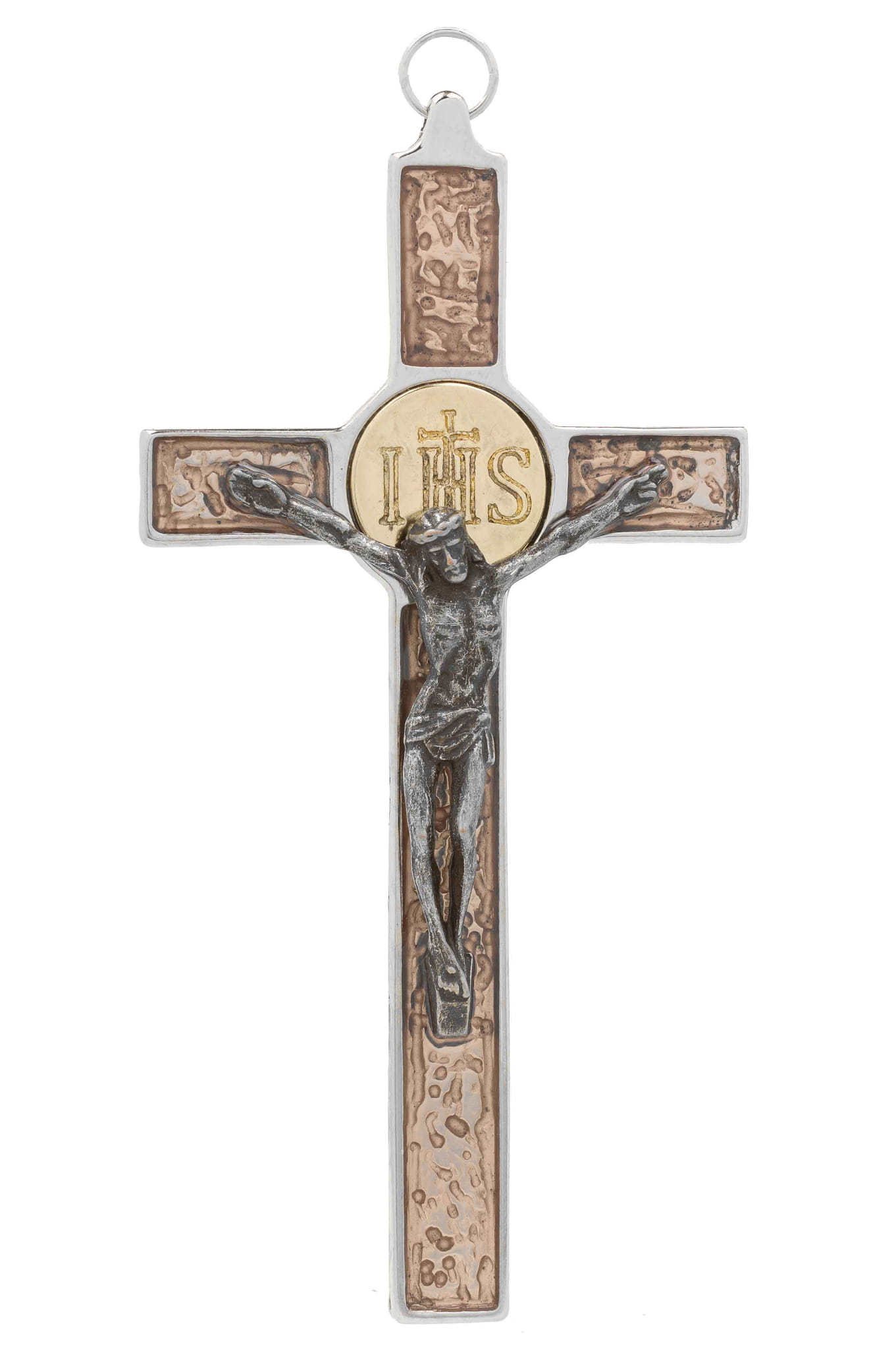 Hanging metal cross with IHS