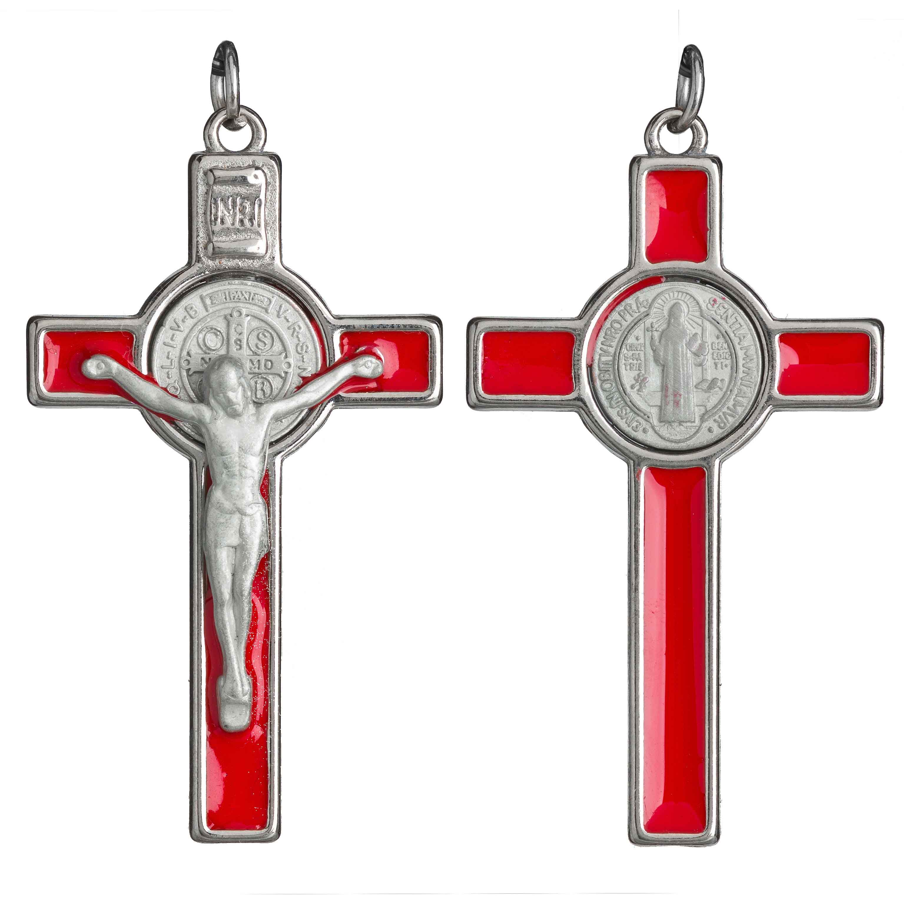 Wiszący krzyżyk św. Benedykta z kolorowym wypełnieniem.