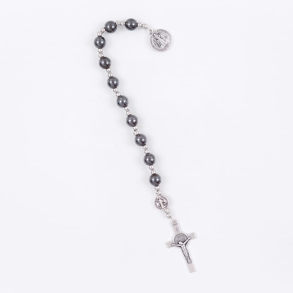 Hematite one-decade dozen with St. Benedict medal