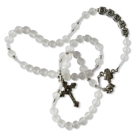 Biały różaniec na Pierwszą Komunię z imieniem