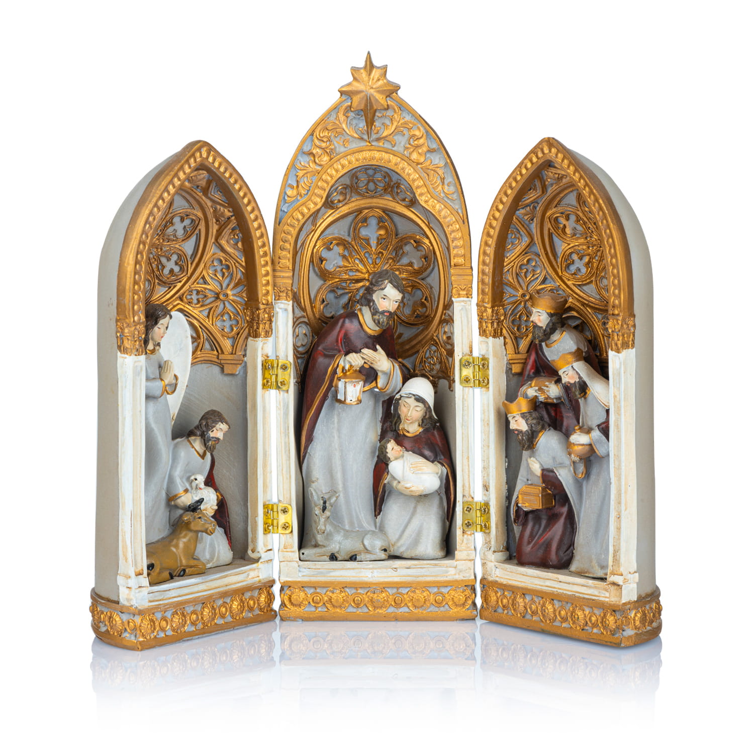 Weihnachtskrippe - Triptychon mit den Figuren der Heiligen Familie und der Heiligen Drei Könige