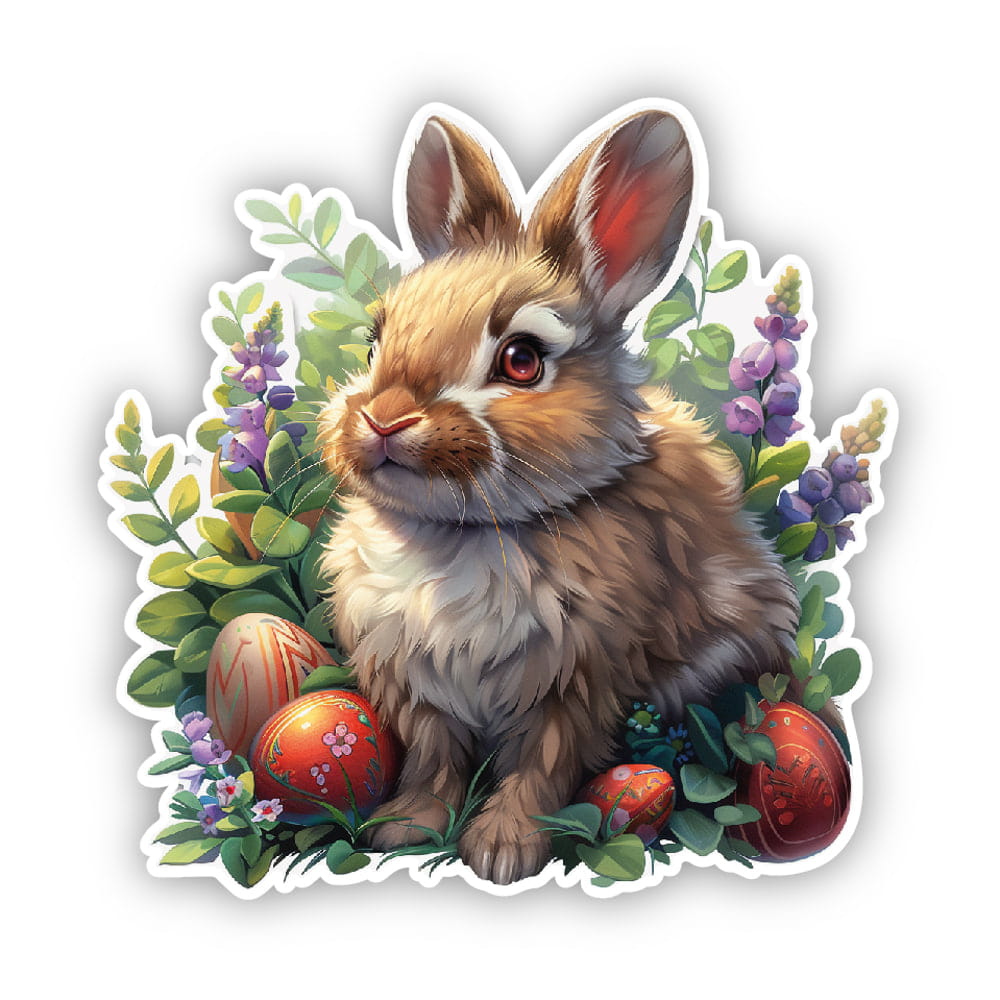 Sticker Hare Among Easter Flowers