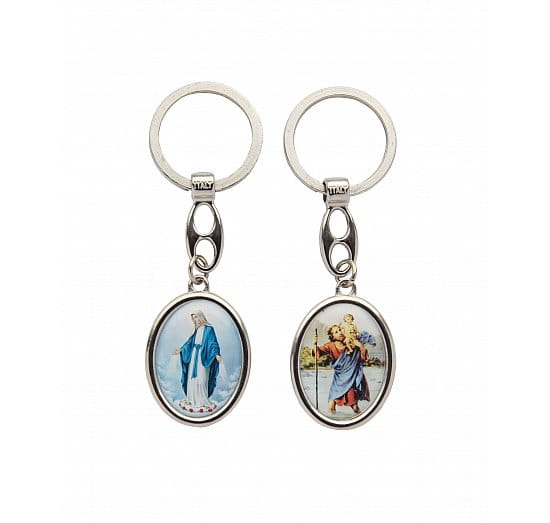 Keychain with the Immaculate Virgin Mary and Saint Christopher