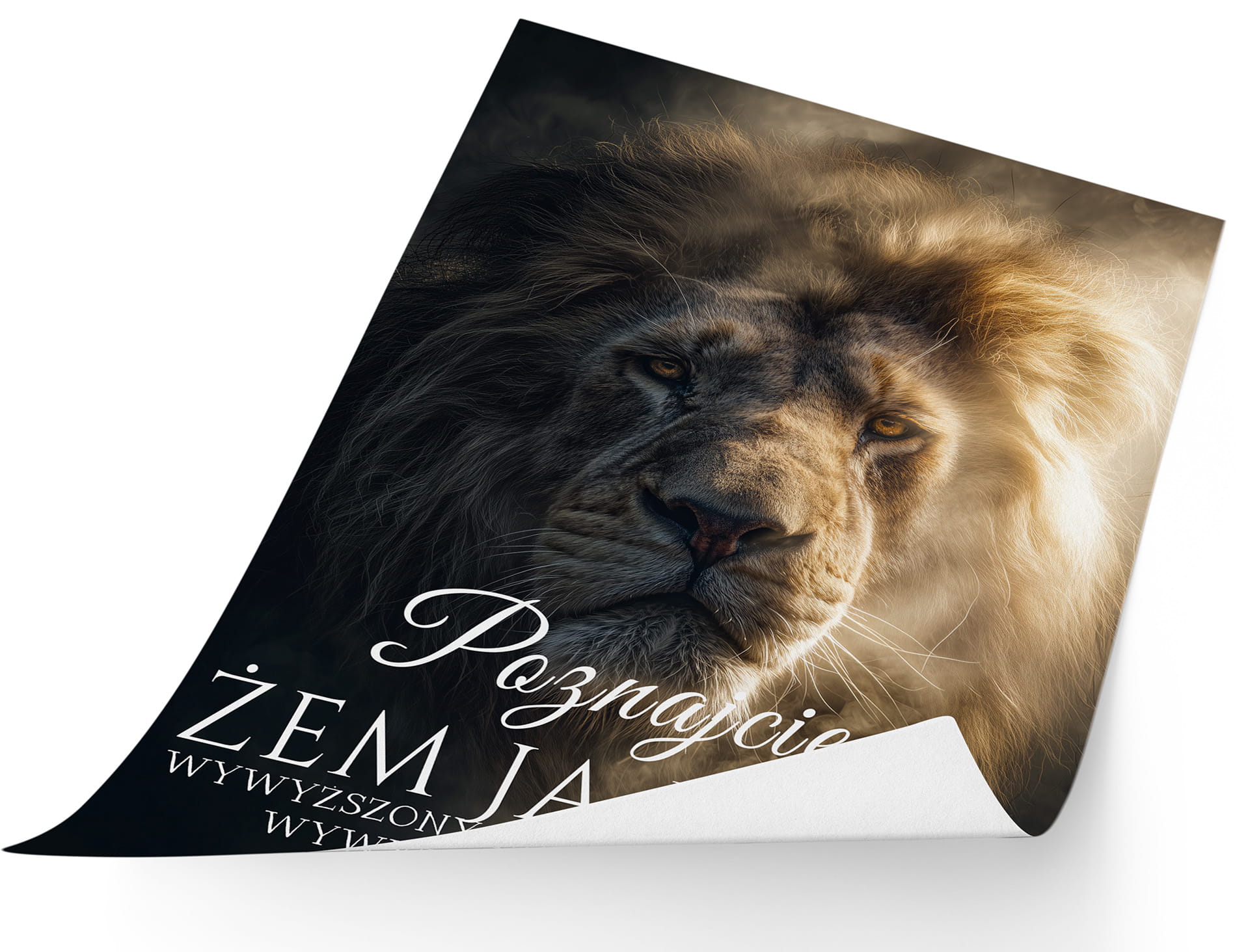 Lew – Poznajcie, żem Ja Bóg – plakat religijny z cytatem