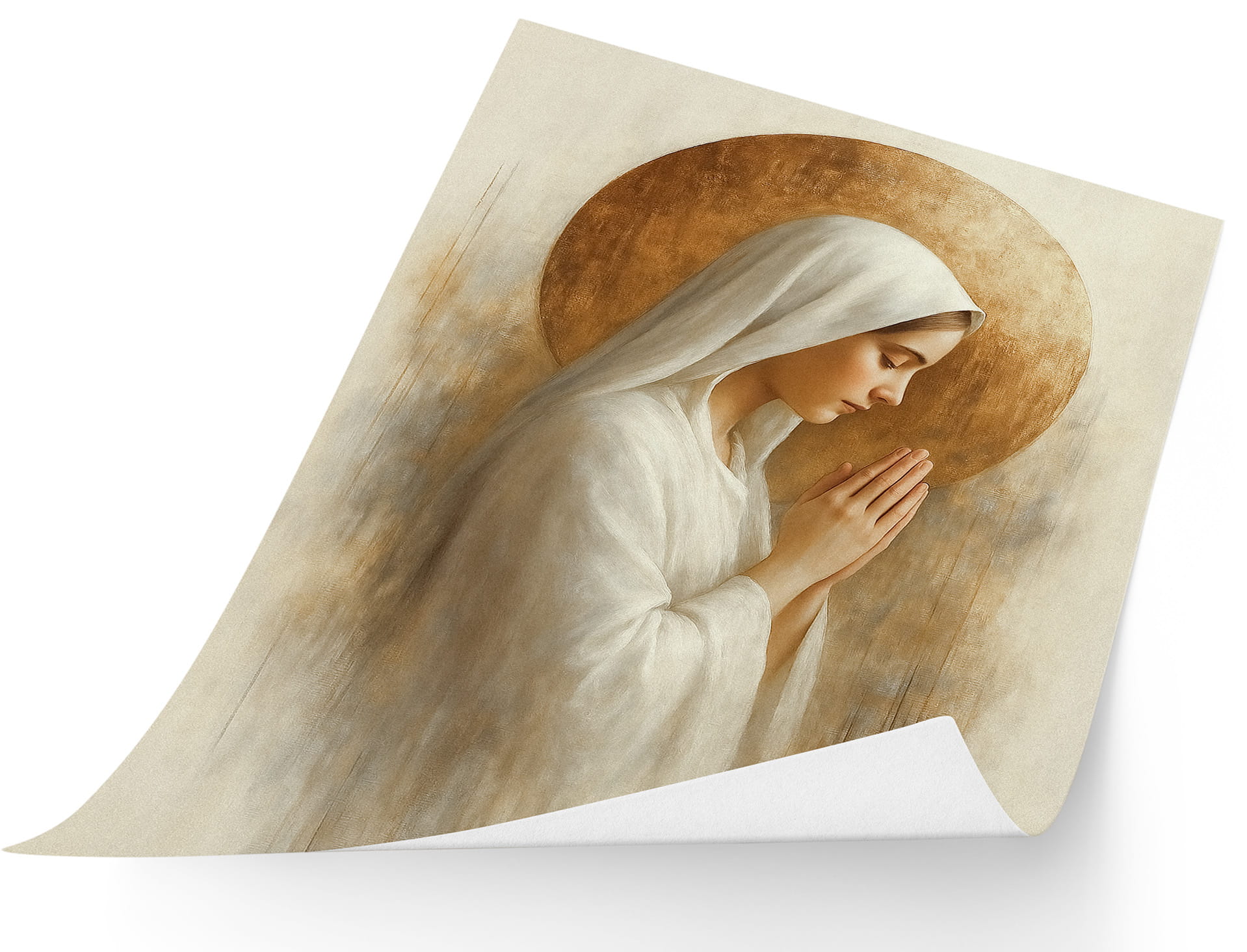 Virgin Mary in Prayer – Religious Poster, Minimalist, Golden Background