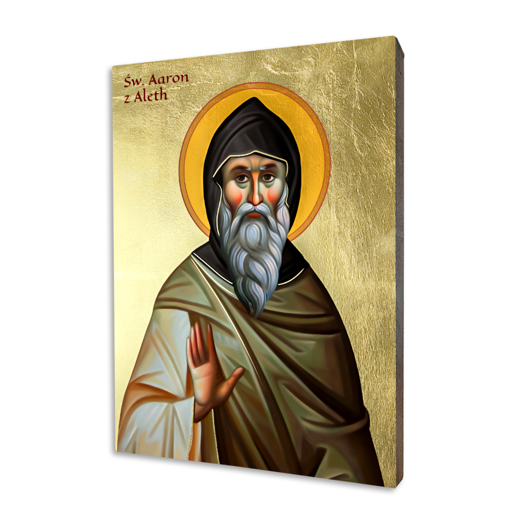 Religious icon of Saint Aaron of Aleth, hand-gilded with gold leaf on a primed linden wood board