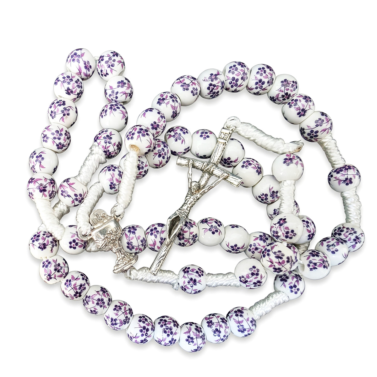 Purple Floral Ceramic Rosary on Cord – Chalice & Papal Cross
