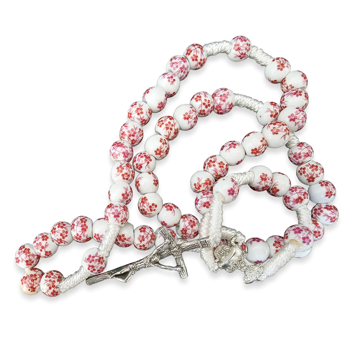 Red Floral Ceramic Rosary on Cord – Chalice & Papal Cross