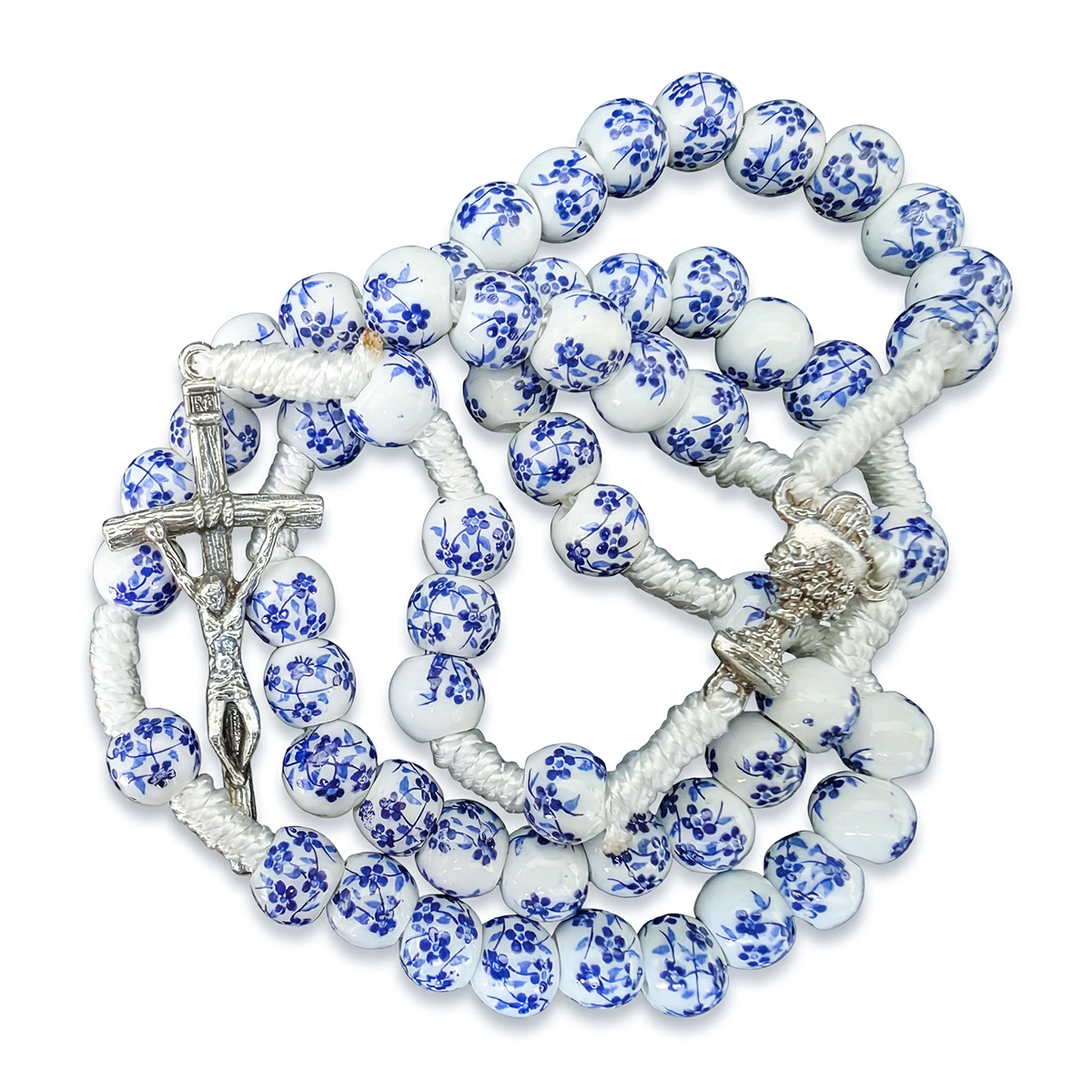 Blue Floral Ceramic Rosary on Cord – Chalice & Papal Cross