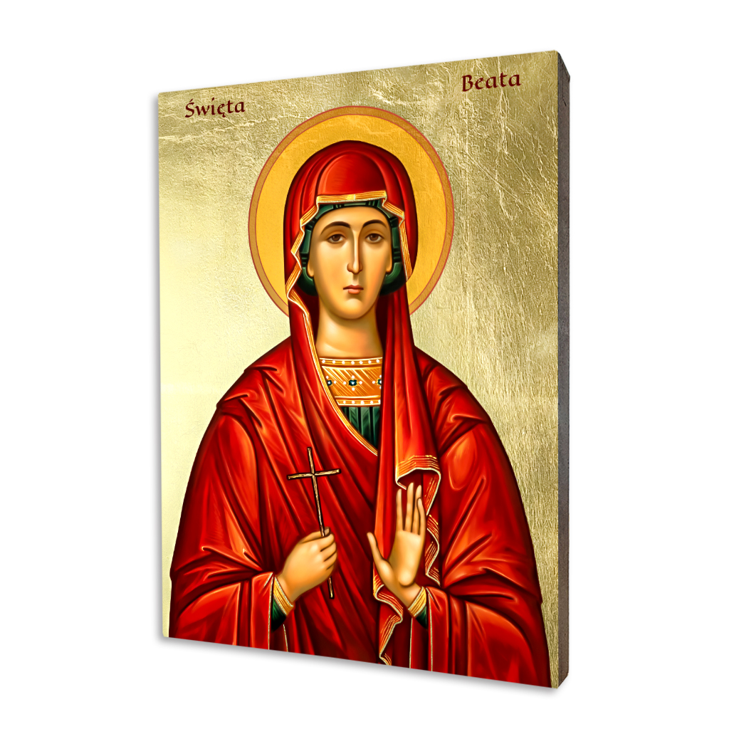 Ikona religijna święta Beata w czerwonych szatach z krzyżem, złocenie szlagmetalem na desce lipowej