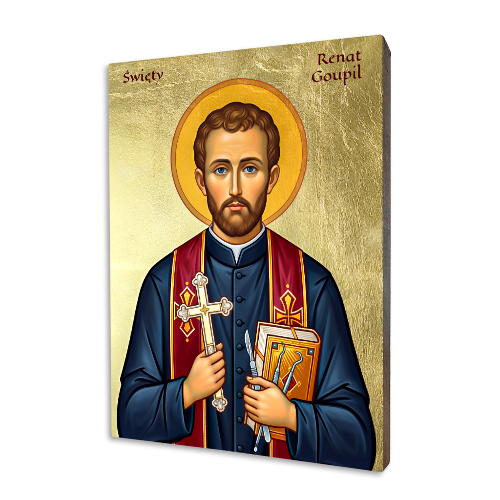 Ikona religijna Święty Renat Goupil z krzyżem i narzędziami medycznymi na złotym tle, wykonana na litej desce lipowej techniką druku bezpośredniego.
