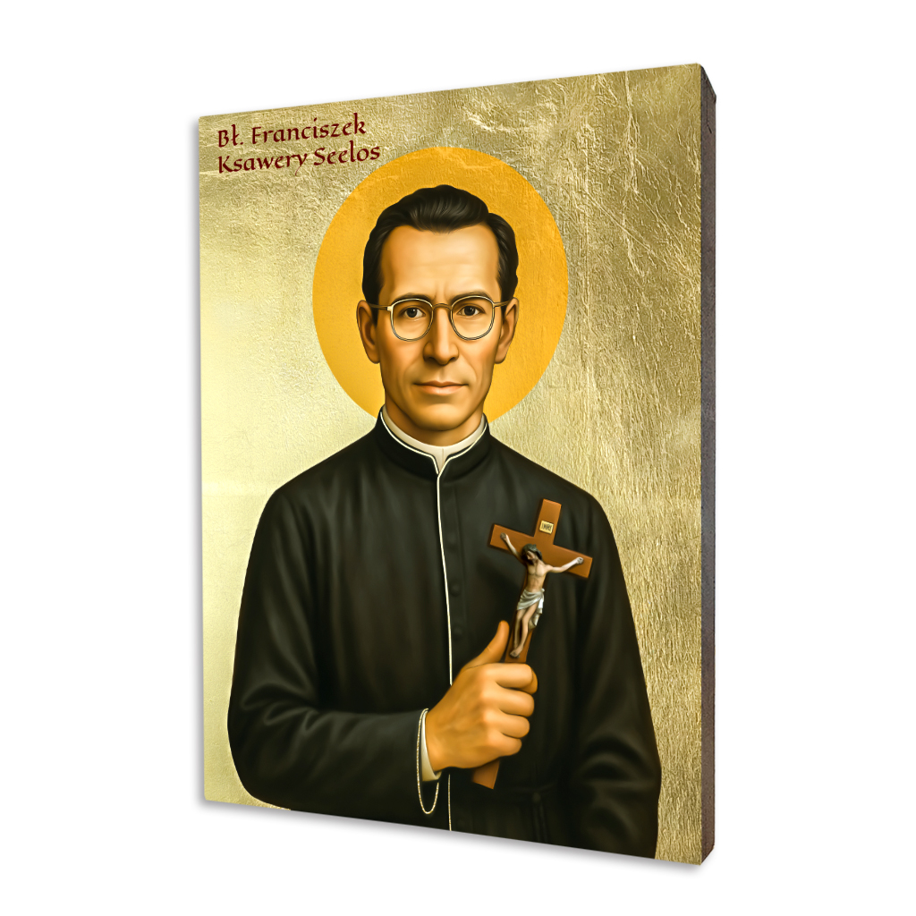 Ikona z wizerunkiem błogosławionego Franciszka Ksawerego Seelosa na złoconej desce lipowej, polskie napisy, wysoka jakość druku.