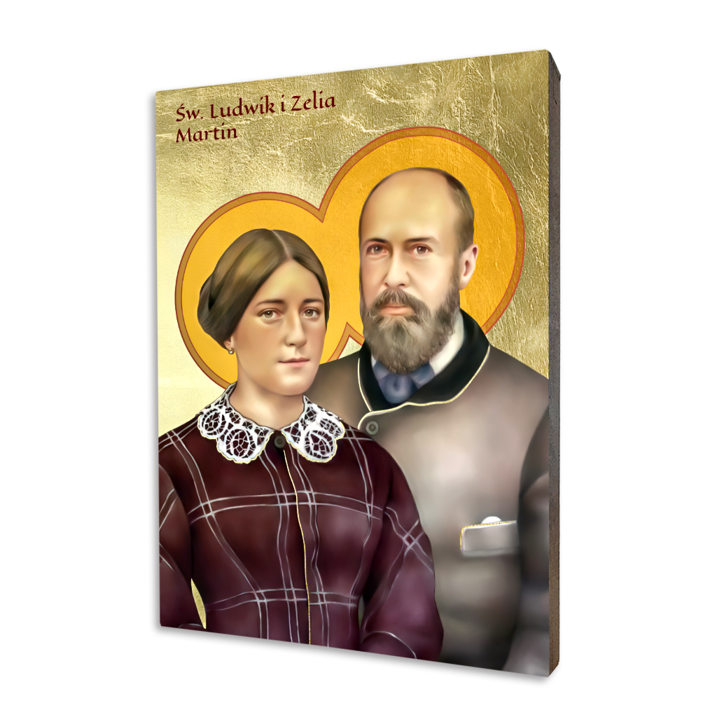 Ikona religijna przedstawiająca Świętych Ludwika i Zelię Martin, wykonana techniką druku na złoconej desce lipowej, tło ze szlagmetalu.