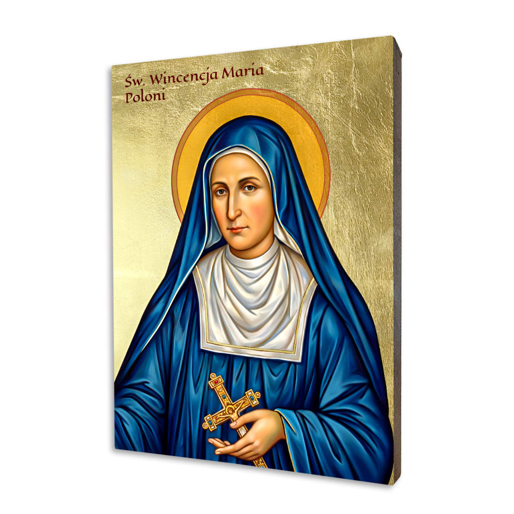 Religious icon of Saint Vincenza Maria Poloni holding a cross, UV direct print on a gold-leafed linden wood panel.