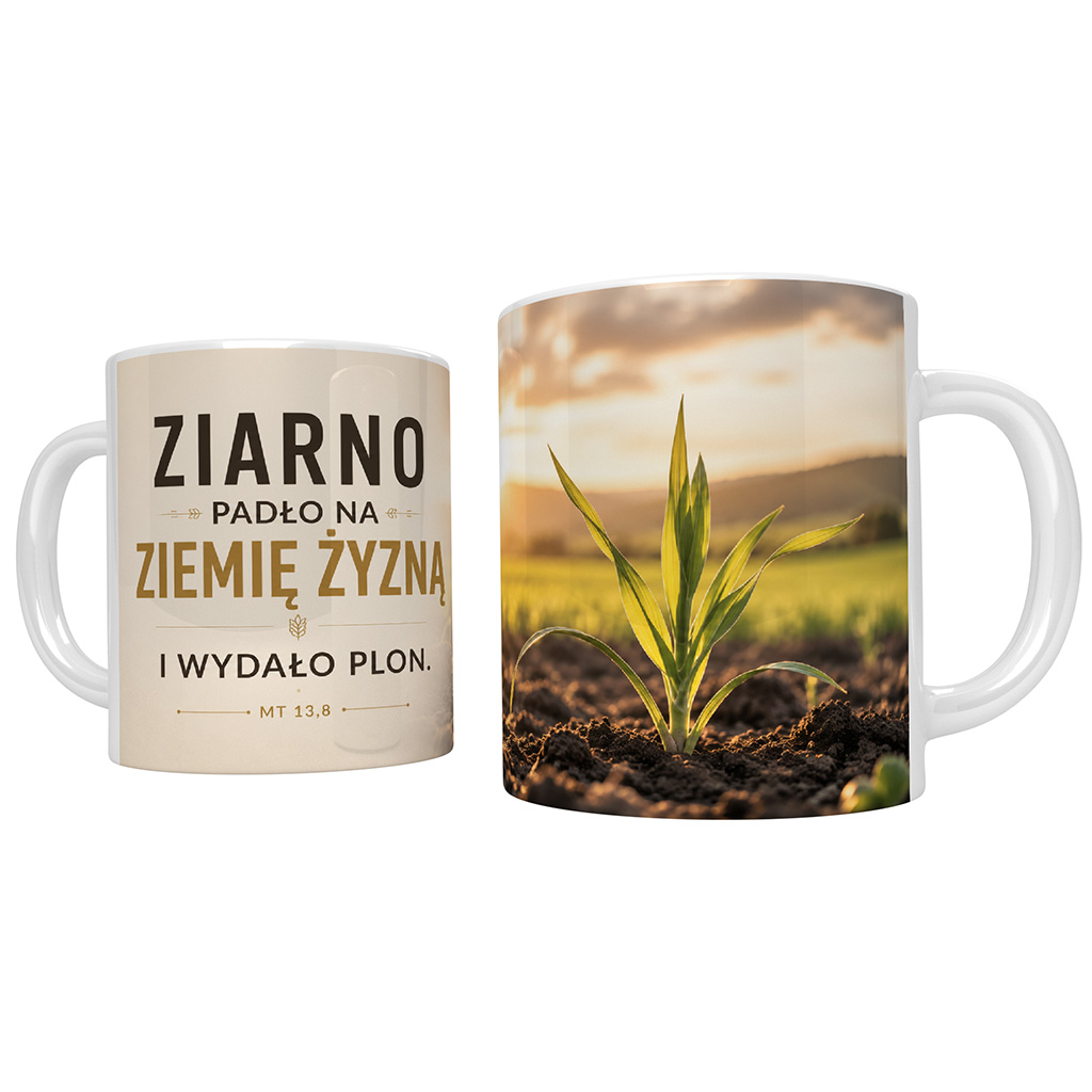 Kubek chrześcijański z cytatem z Ewangelii św. Mateusza „Ziarno padło na ziemię żyzną i wydało plon” (Mt 13,8) oraz grafiką kiełkującego ziarna.