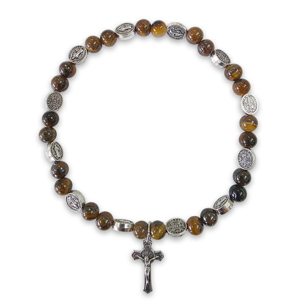 Tiger’s eye bracelet with St. Benedict medals and crucifix