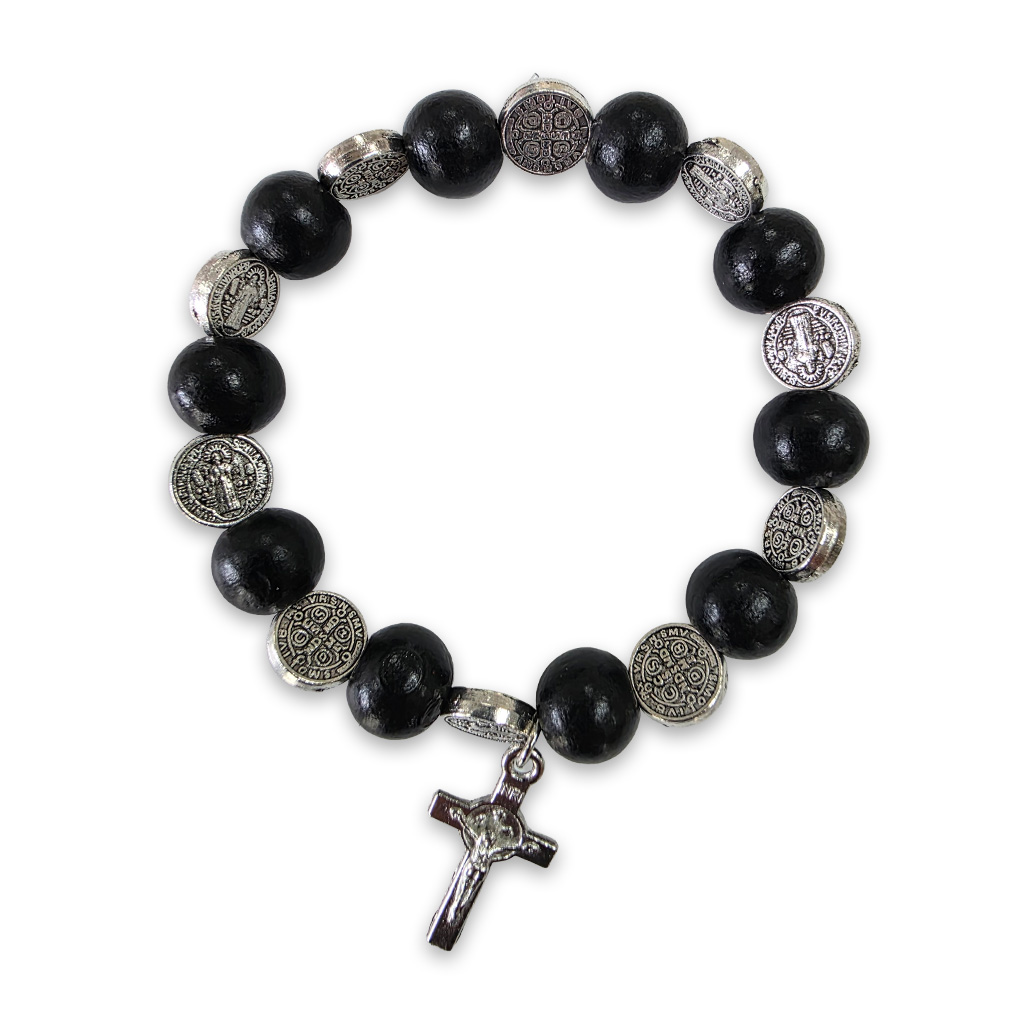 Black wooden St. Benedict bracelet with crucifix and 10 mm beads
