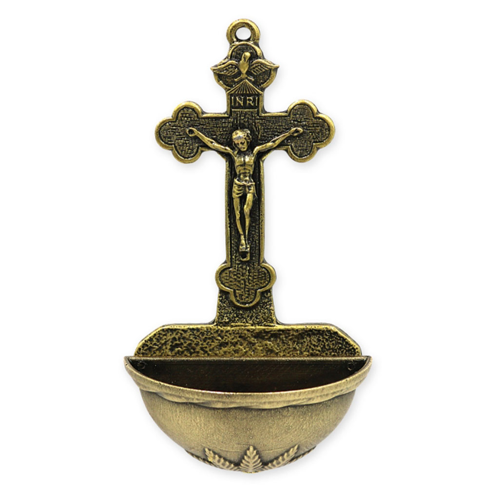 Metalowa kropielnica domowa z krucyfiksem, napisem INRI i gołębicą nad krzyżem, wysokość 11,5 cm