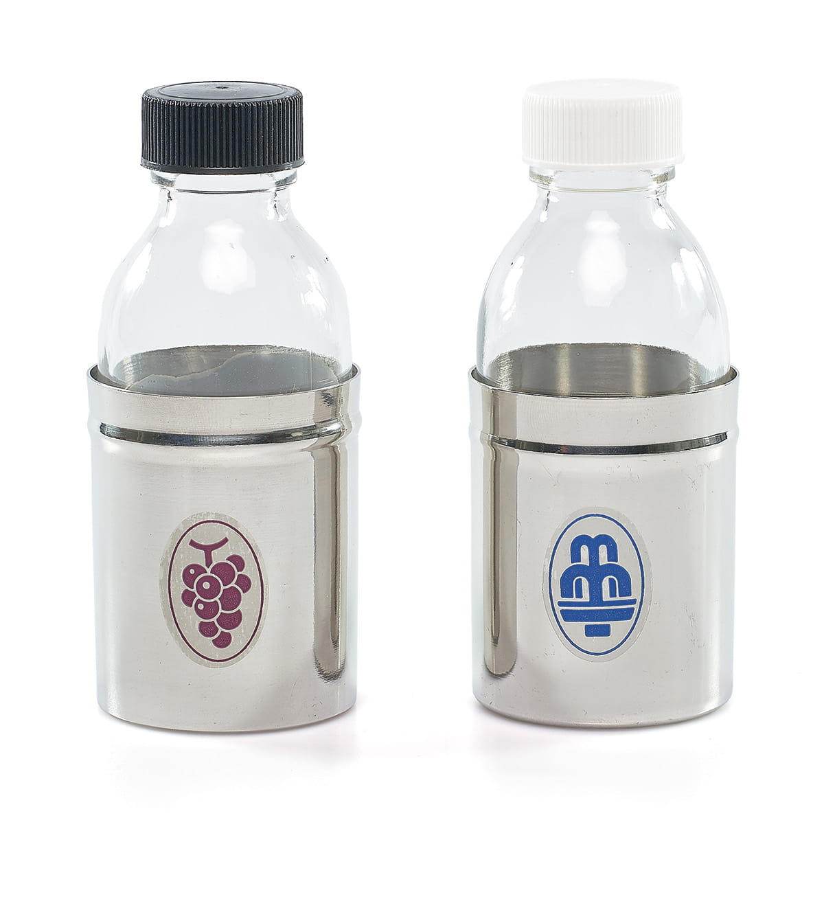 Para buteleczek 125 ml w srebrzystych metalowych osłonach z symbolami wody i winogron