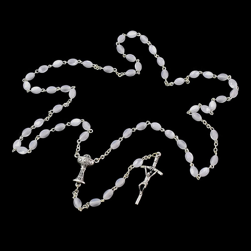 Różaniec szklany Madre Perla, biały owal. Na Pierwszą Komunię Świętą