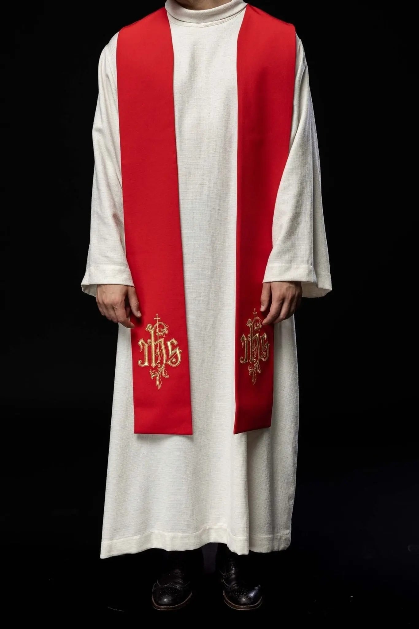 Stuła liturgiczna czerwona z haftem IHS