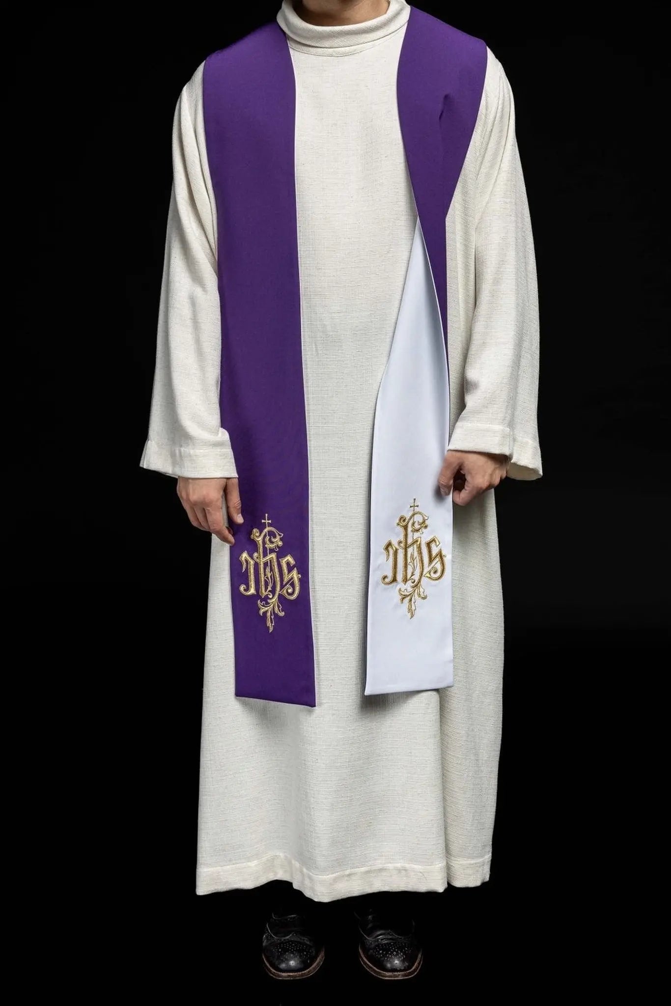 Stuła liturgiczna dwustronna fioletowo-biała z haftem IHS