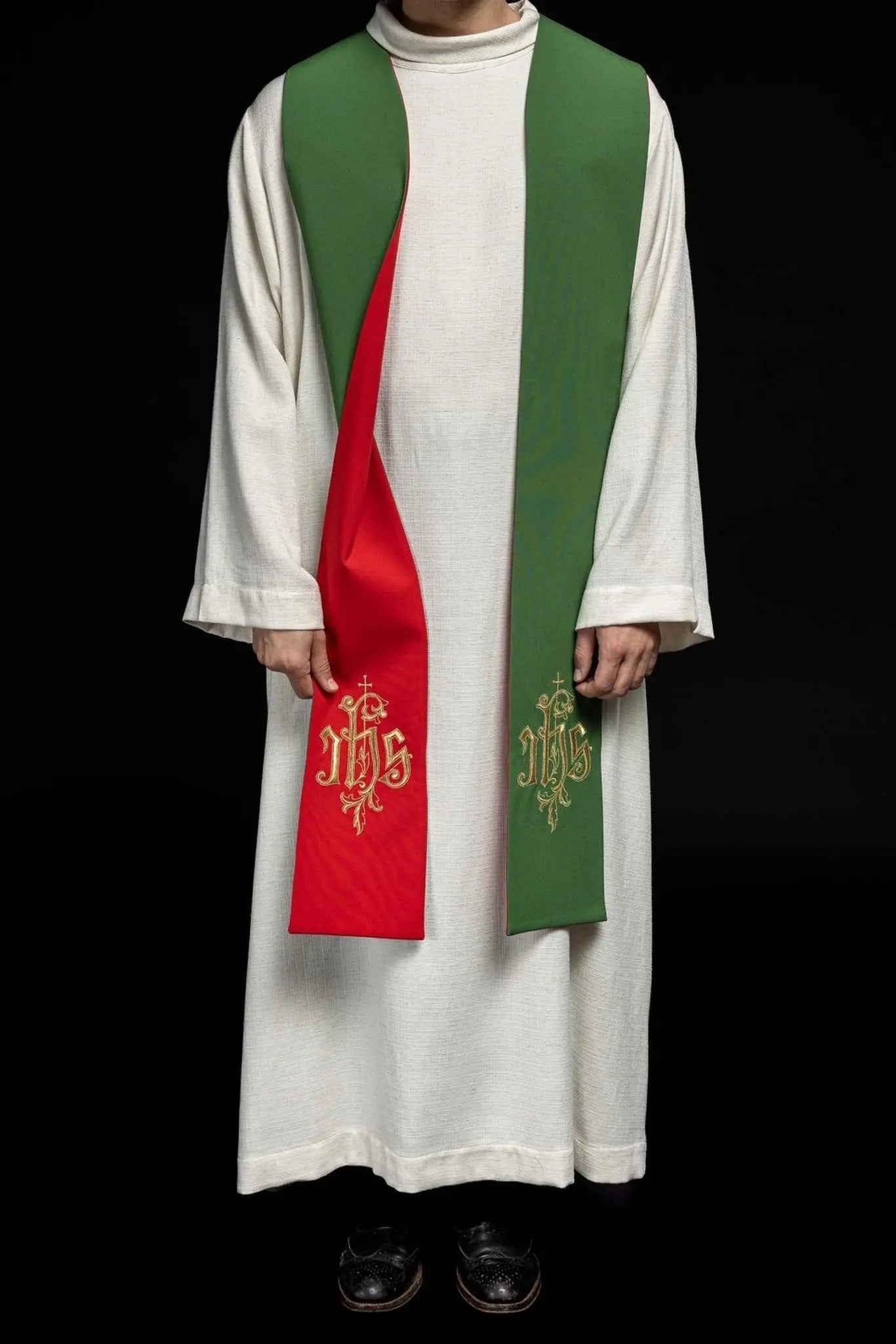 Stuła liturgiczna dwustronna zielono-czerwona z haftem IHS